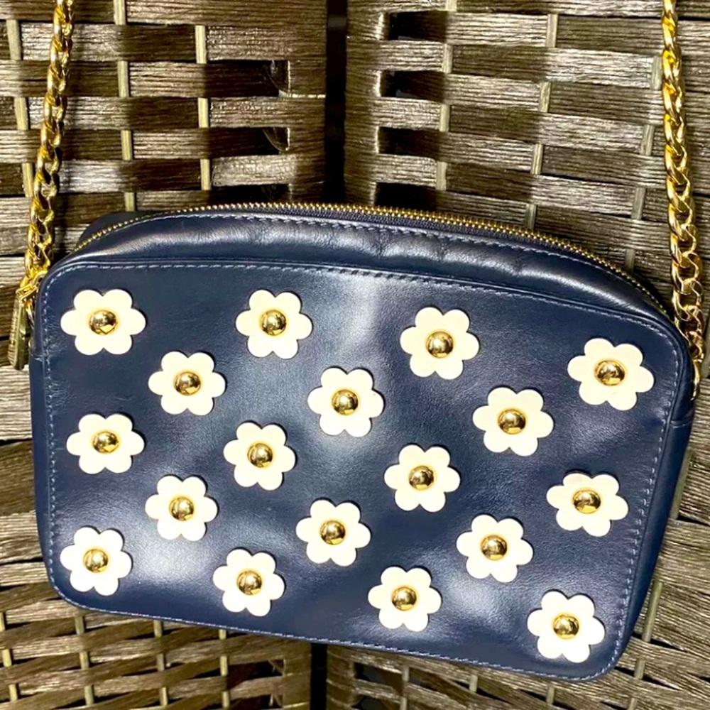 Michael Kors Navy White Daisy Studs Leather shoulder crossbody handbag